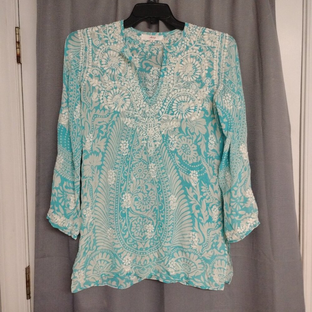 ❤️Womens AMAYA 100% Silk Embroidered Tunic V Neck Side Slit Top  SZ 38